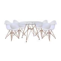 Conjunto Jantar Mesa Vidro Redonda 110Cm Com 4 Poltronas Brancas Ferro Cobre Branco - 1