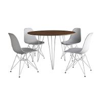 Mesa Jantar Redonda 110Cm Amêndoa Clips 3 Pés Com 4 Cadeiras Eames Eiffel Brancas Ferro Branco - 5