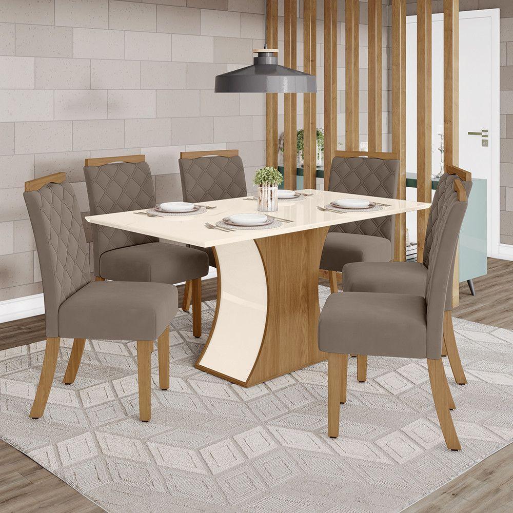 Conjunto Sala De Jantar Tampo Mdf Canto Reto 160 Cm 6 Cadeiras Amélia Henn Off White Com Nature E Marrom Amêndoa - 1