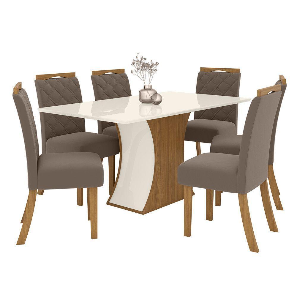 Conjunto Sala De Jantar Tampo Mdf Canto Reto 160 Cm 6 Cadeiras Amélia Henn Off White Com Nature E Marrom Amêndoa - 7