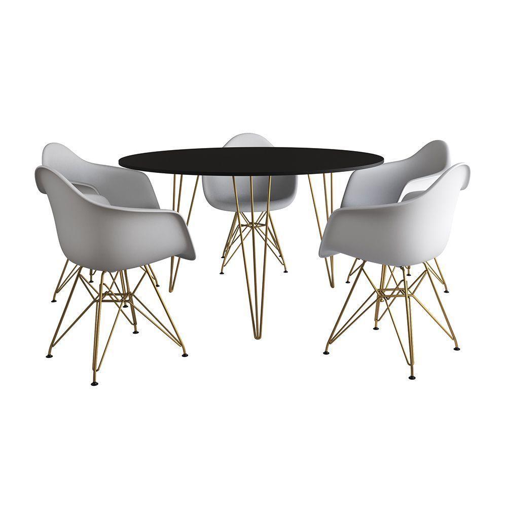 Mesa Jantar Redonda 110Cm Preta Clips 3 Pés Com 5 Poltronas Brancas Base Dourada Marrom - 5