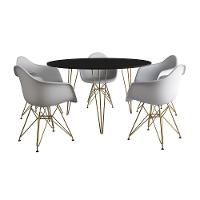 Mesa Jantar Redonda 110Cm Preta Clips 3 Pés Com 5 Poltronas Brancas Base Dourada Marrom - 9