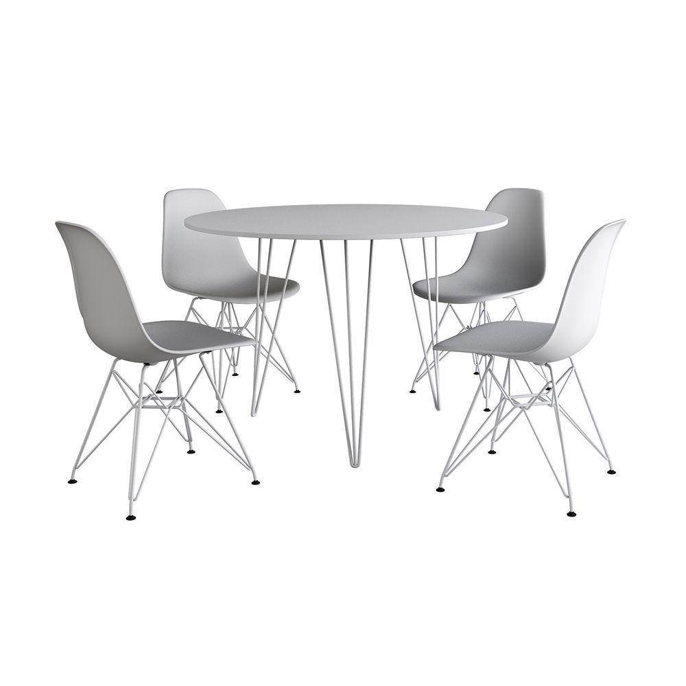 Mesa Jantar Redonda 110Cm Branca Clips 3 Pés Com 4 Cadeiras Eames Eiffel Brancas Ferro Branco - 6
