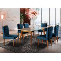 Conjunto Sala De Jantar 6 Lugares Mesa Slim Cadeiras Veludo Azul Marinho Mel/off-white/azul Marinho - 1