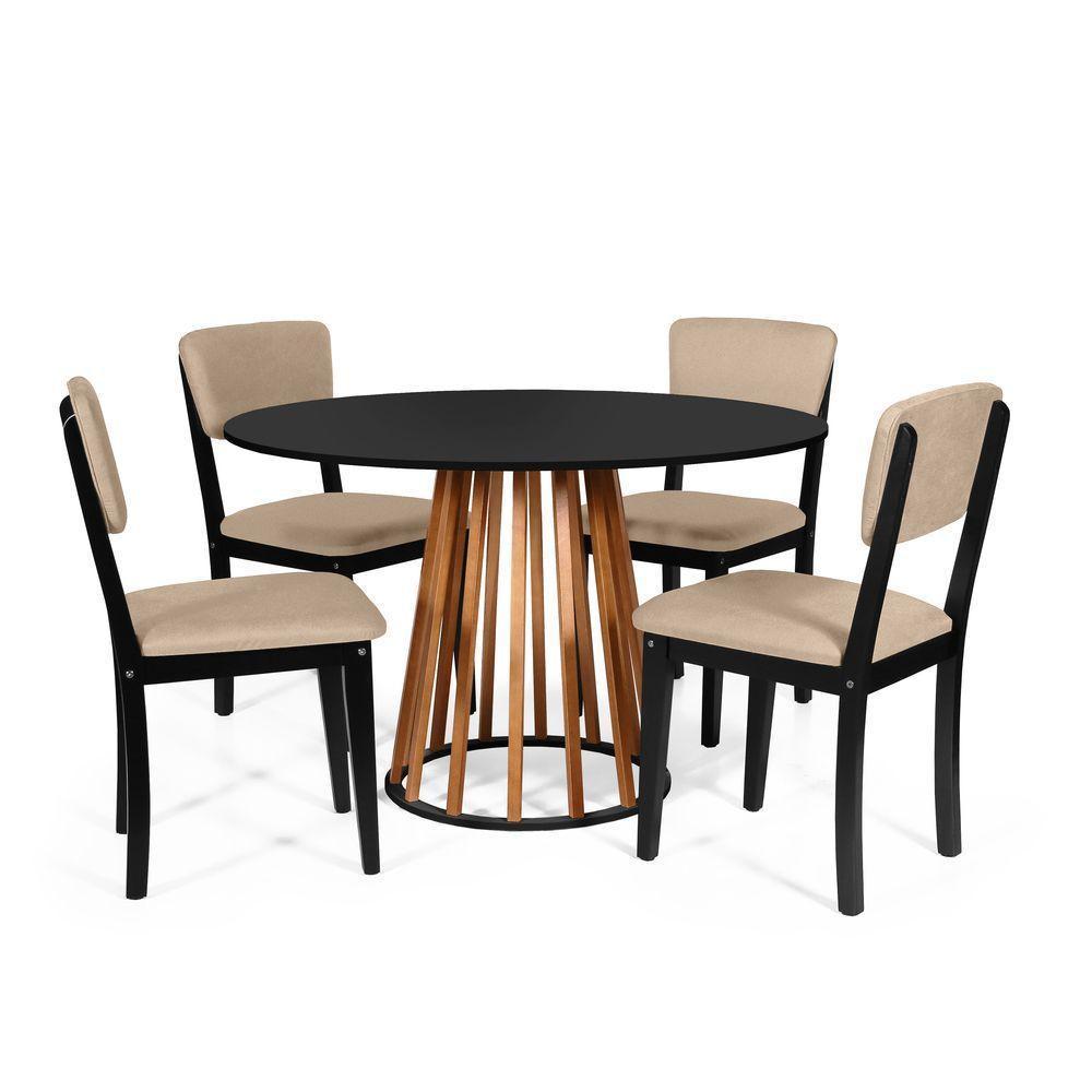 Mesa De Jantar Redonda Gabi Nat/pret Com 4 Cadeiras Estofadas Ella Preto/bege - 1