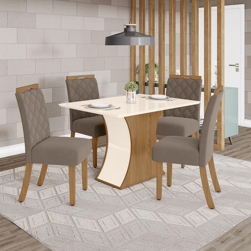 Conjunto Sala De Jantar Tampo Mdf Canto Reto 120 Cm 4 Cadeiras Amélia Henn Off White Com Nature E Marrom Amêndoa - 1