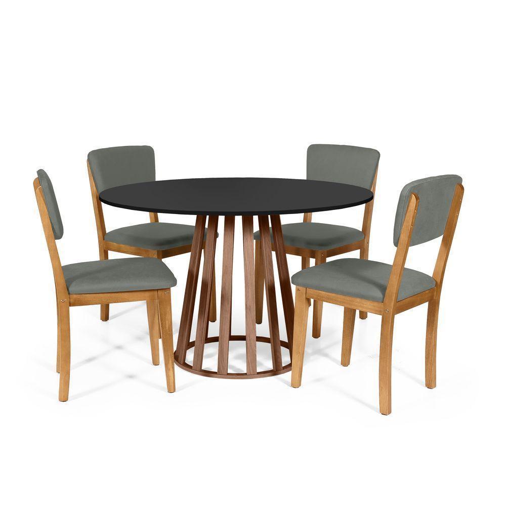 Mesa De Jantar Redonda Gabi Pret/nor Com 4 Cadeiras Estofadas Ella Cinza - 1