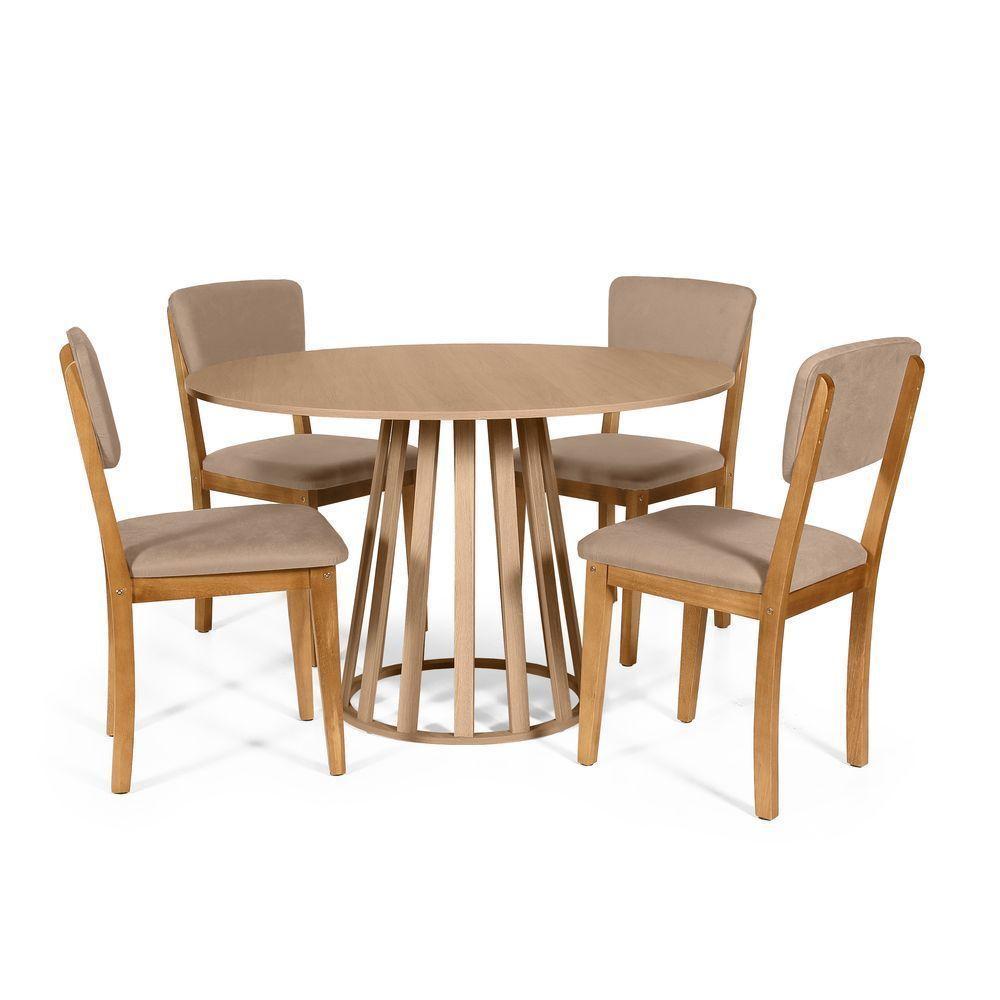 Mesa De Jantar Redonda Gabi Jade Com 4 Cadeiras Estofadas Ella Marrom Claro - 1