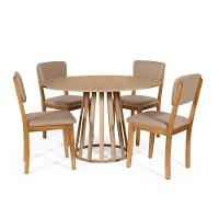 Mesa De Jantar Redonda Gabi Jade Com 4 Cadeiras Estofadas Ella Marrom Claro - 1