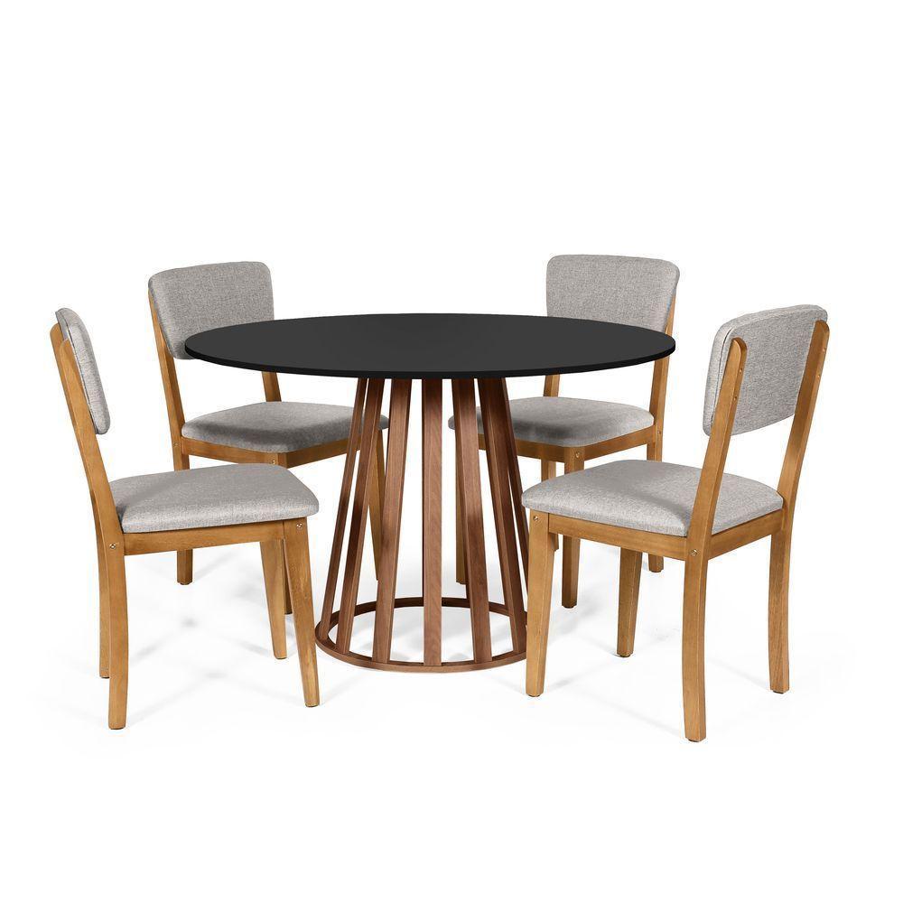 Mesa De Jantar Redonda Gabi Pret/nor Com 4 Cadeiras Estofadas Ella Cinza Claro - 1
