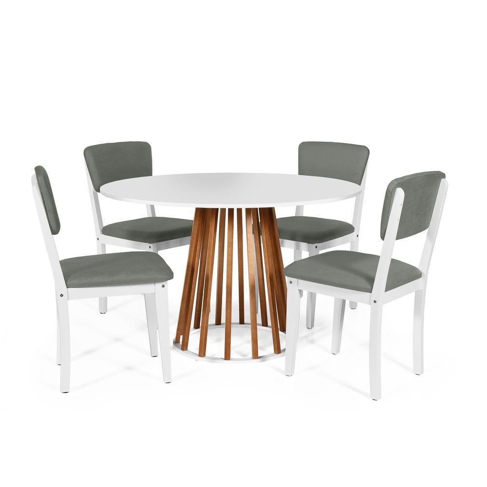 Mesa De Jantar Redonda Gabi Nat/bran Com 4 Cadeiras Estofadas Ella Branco/cinza - 1