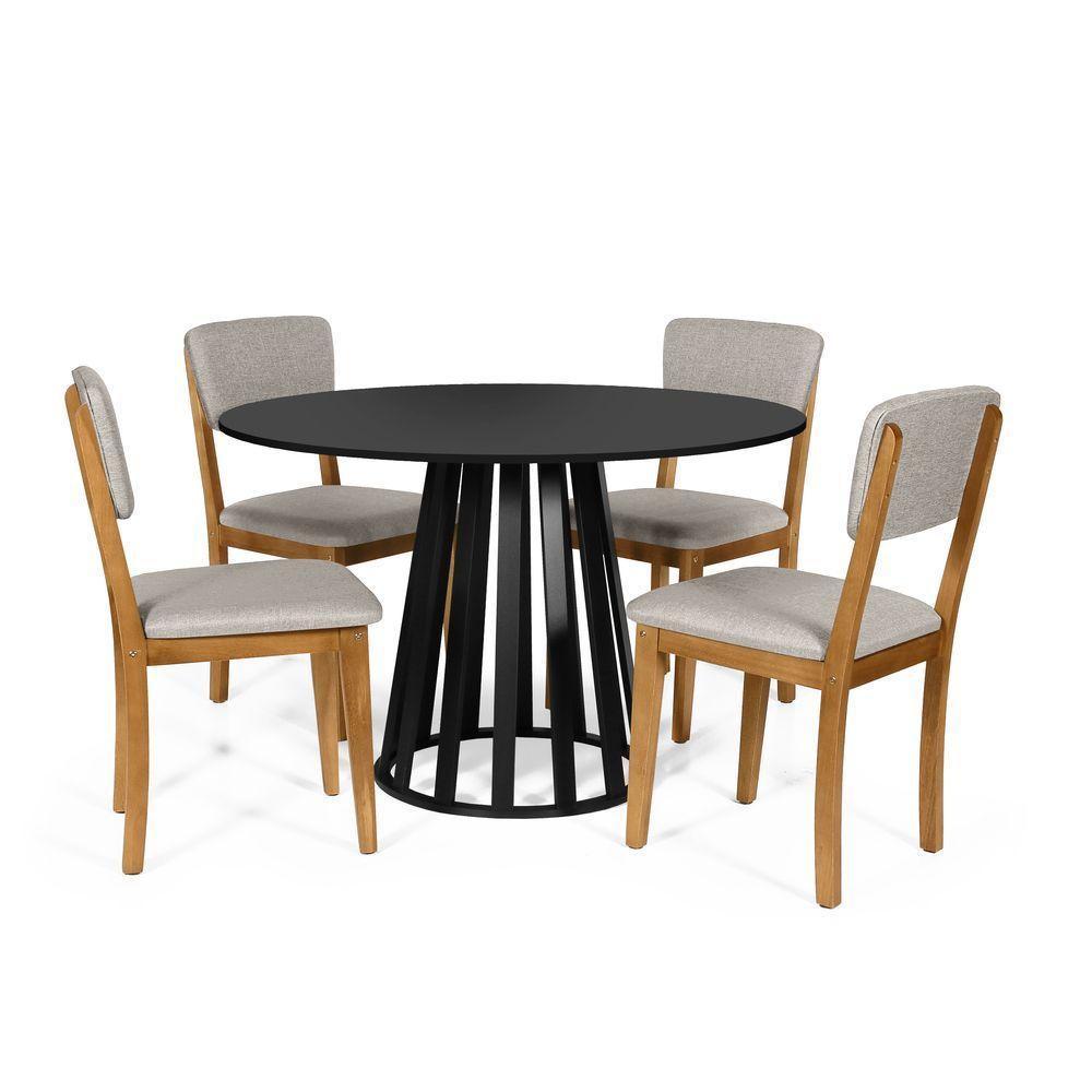 Mesa De Jantar Redonda Gabi Preta Com 4 Cadeiras Estofadas Ella Cinza Claro - 1