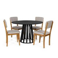 Mesa De Jantar Redonda Gabi Preta Com 4 Cadeiras Estofadas Ella Cinza Claro - 1
