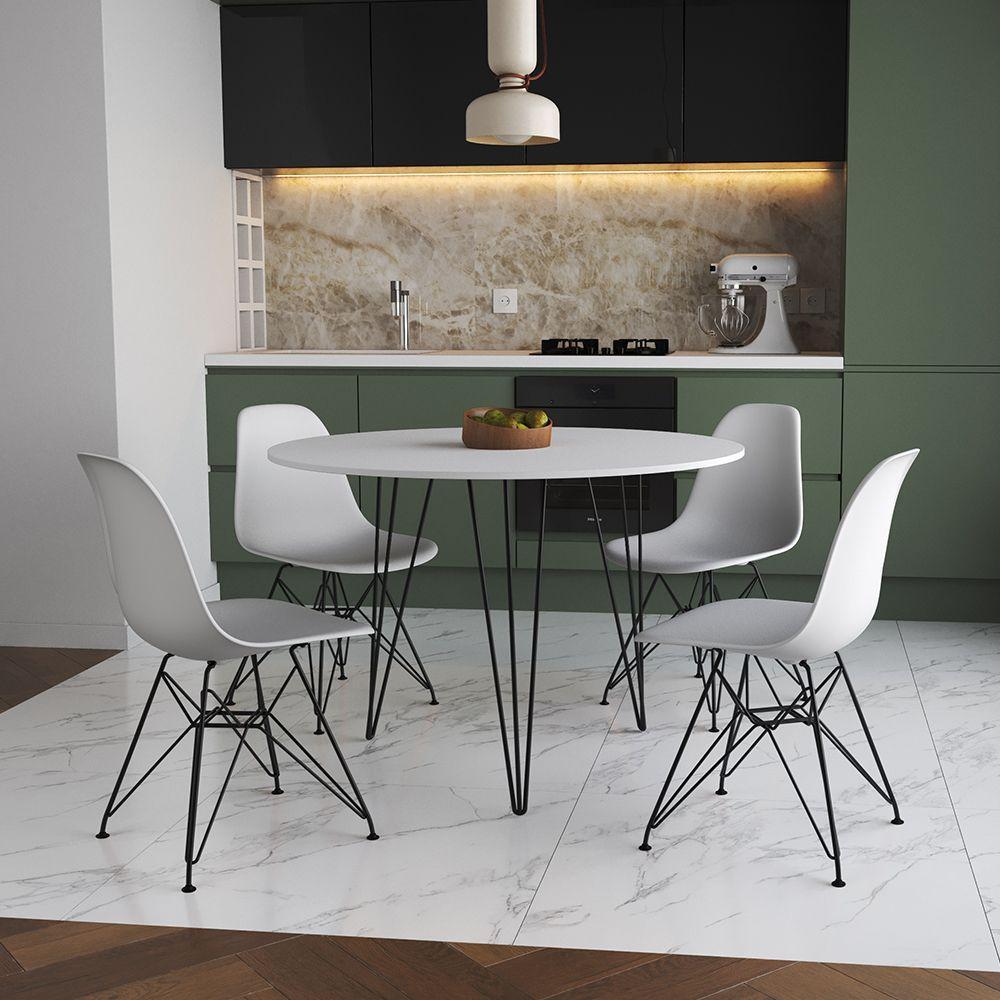 Mesa Jantar Redonda 110Cm Branca Clips 3 Pés Com 4 Cadeiras Eames Eiffel Brancas Ferro Preto - 1