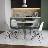 Mesa Jantar Redonda 110Cm Branca Clips 3 Pés Com 4 Cadeiras Eames Eiffel Brancas Ferro Preto - 1