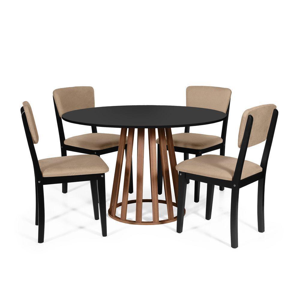 Mesa De Jantar Redonda Gabi Pret/nor Com 4 Cadeiras Estofadas Ella Preto/marrom Claro - 1