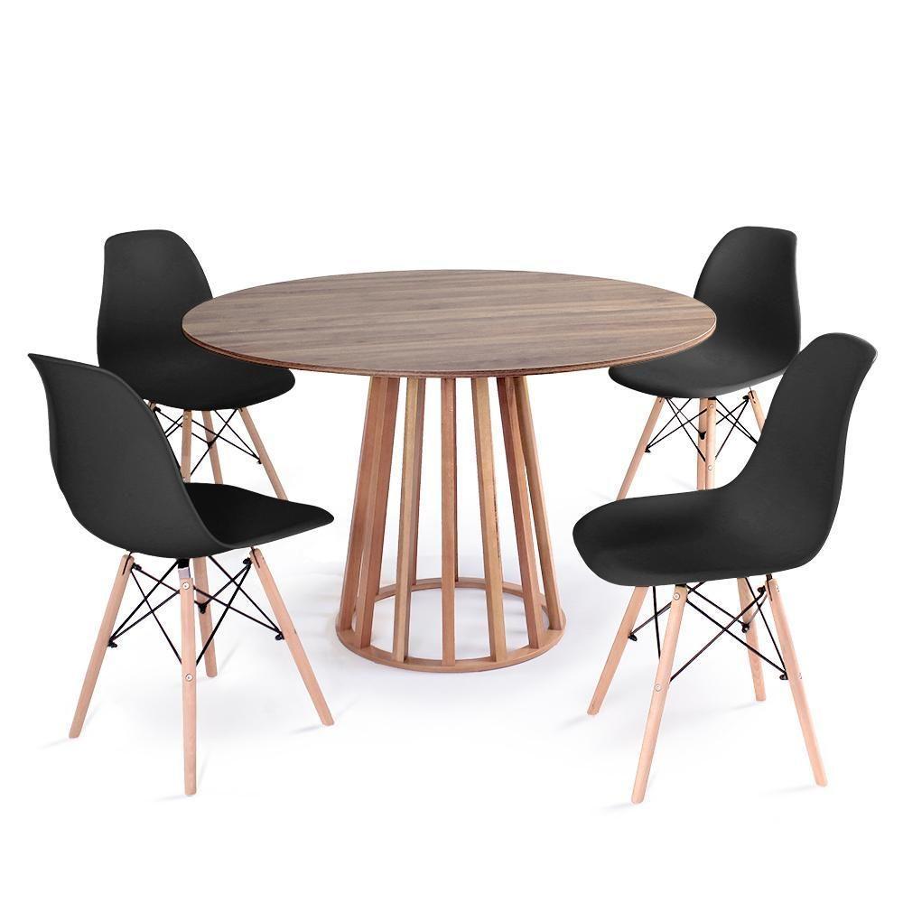 Conjunto Mesa De Jantar Redonda Talia Amadeirada Natural 120cm Com 4 Cadeiras Eames Eiffel - Preto - 1