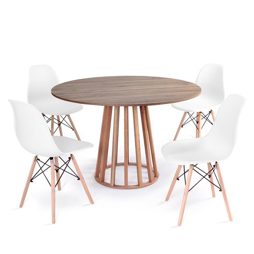 Conjunto Mesa De Jantar Redonda Talia Amadeirada Natural 120cm Com 4 Cadeiras Eames Eiffel - Branco - 1