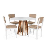 Mesa De Jantar Redonda Gabi Nat/bran Com 4 Cadeiras Estofadas Ella Branco/marrom Claro - 1