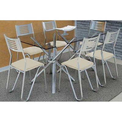 Conjunto: Mesa de Cozinha  Volga c/ Tampo de Vidro 140cm + 6 Cadeiras Nápoles Cromada/Nude - Kappesberg