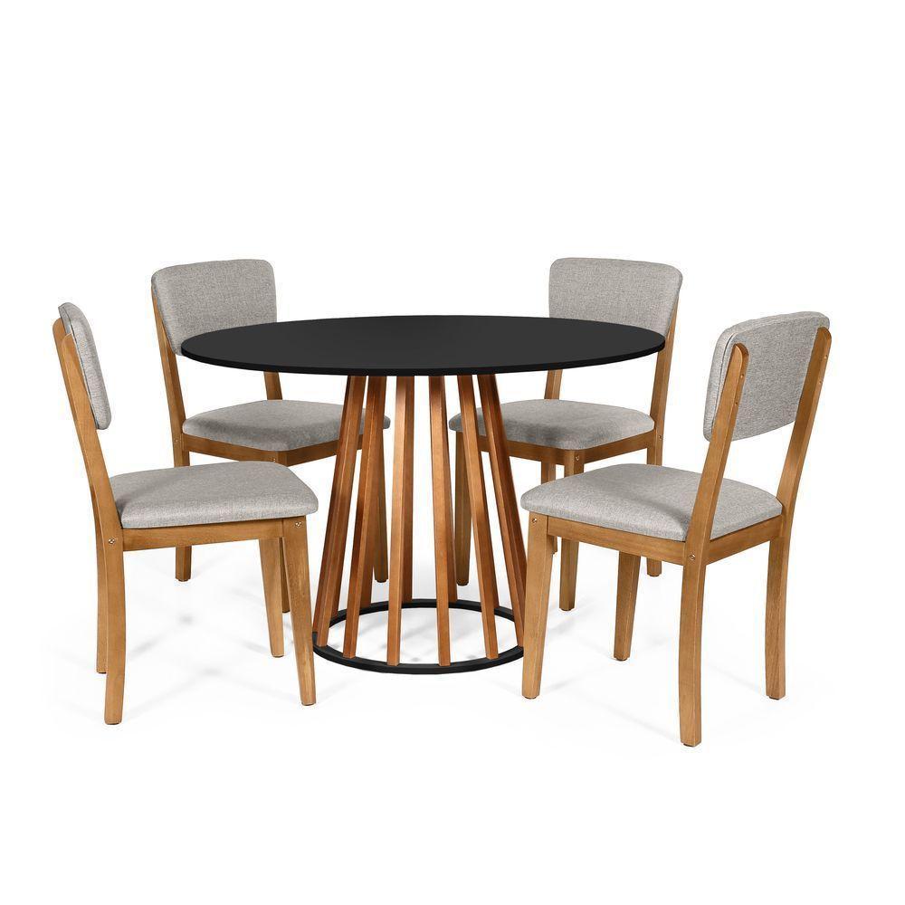 Mesa De Jantar Redonda Gabi Nat/pret Com 4 Cadeiras Estofadas Ella Cinza Claro - 1