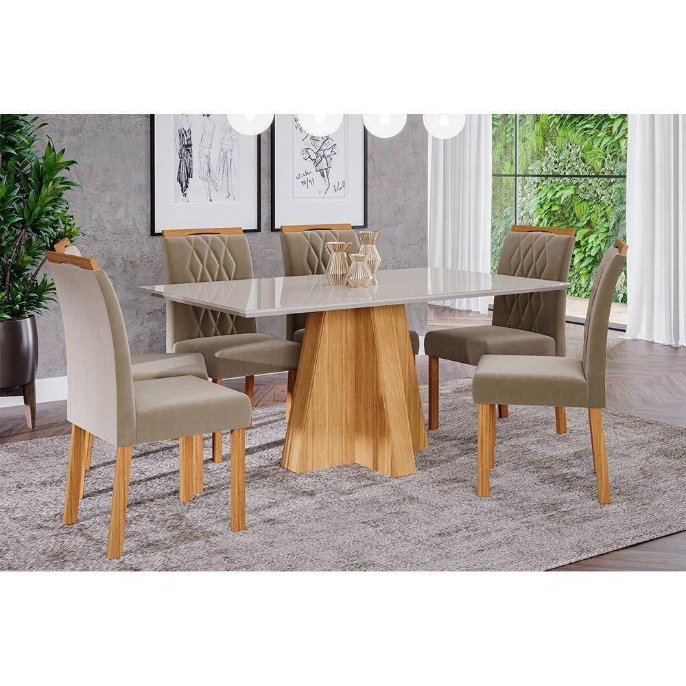 Conjunto: Mesa Sala Jantar Patrícia c/ Tampo Madeirado 160cm + 6 Cadeiras Juliana Madeira/Suede Joli - Cimol - 4
