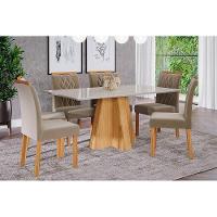 Conjunto: Mesa Sala Jantar Patrícia c/ Tampo Madeirado 160cm + 6 Cadeiras Juliana Madeira/Suede Joli - Cimol