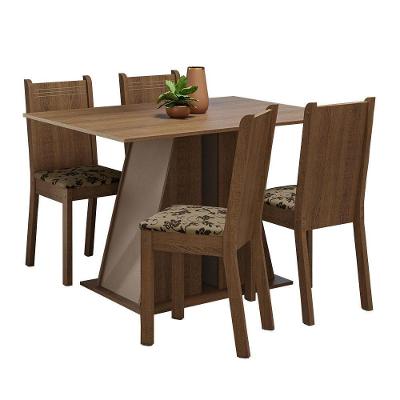 Conjunto de Jantar Marilyn 4 Lugares Tampo em MDP com Cadeiras Estofadas Floral Bege Marrom Rustic