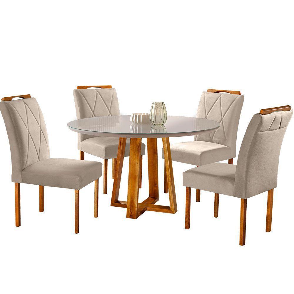 Conjunto Sala De Jantar Natalle 4 Lugares Mesa Redonda 1,2m E 4 Cadeiras Moveis Mix Mel/off White/ Bege Areia - 4