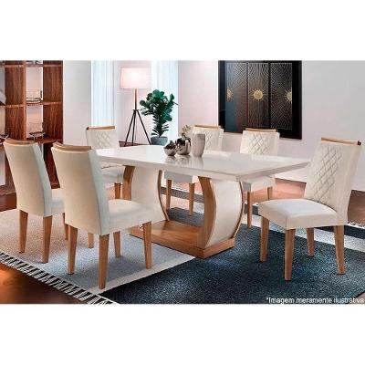 Conjunto: Mesa Sala Jantar Jade c/ Tampo Madeirado Canto Reto 180cm + 6 Cadeiras Jade Imbuia/Creme - Rufato