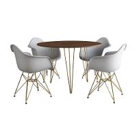 Mesa Jantar Redonda 90Cm Amêndoa Clips 3 Pés Com 4 Poltronas Brancas Base Dourado Marrom - 6