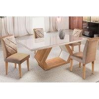 Conjunto: Mesa Sala Jantar  Alvorada Tampo Madeirado Reto  c/ Vidro 180cm + 4 Cadeiras Berlim Imbuia/Animale Chocolate - Rufato - 1