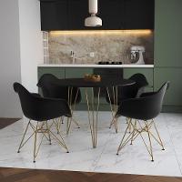 Mesa Jantar Redonda 90Cm Preta Clips 3 Pés Com 4 Poltronas Pretas Base Dourado Preto - 1