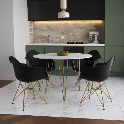 Mesa Jantar Redonda 90Cm Branca Clips 3 Pés Com 4 Poltronas Pretas Base Dourado Branco