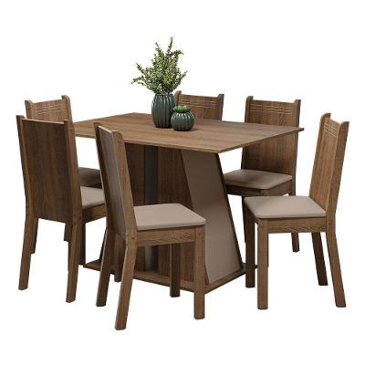 Conjunto de Jantar Sharon 6 Lugares Tampo em MDP com Cadeiras Estofadas Rustic e Crema 120cm