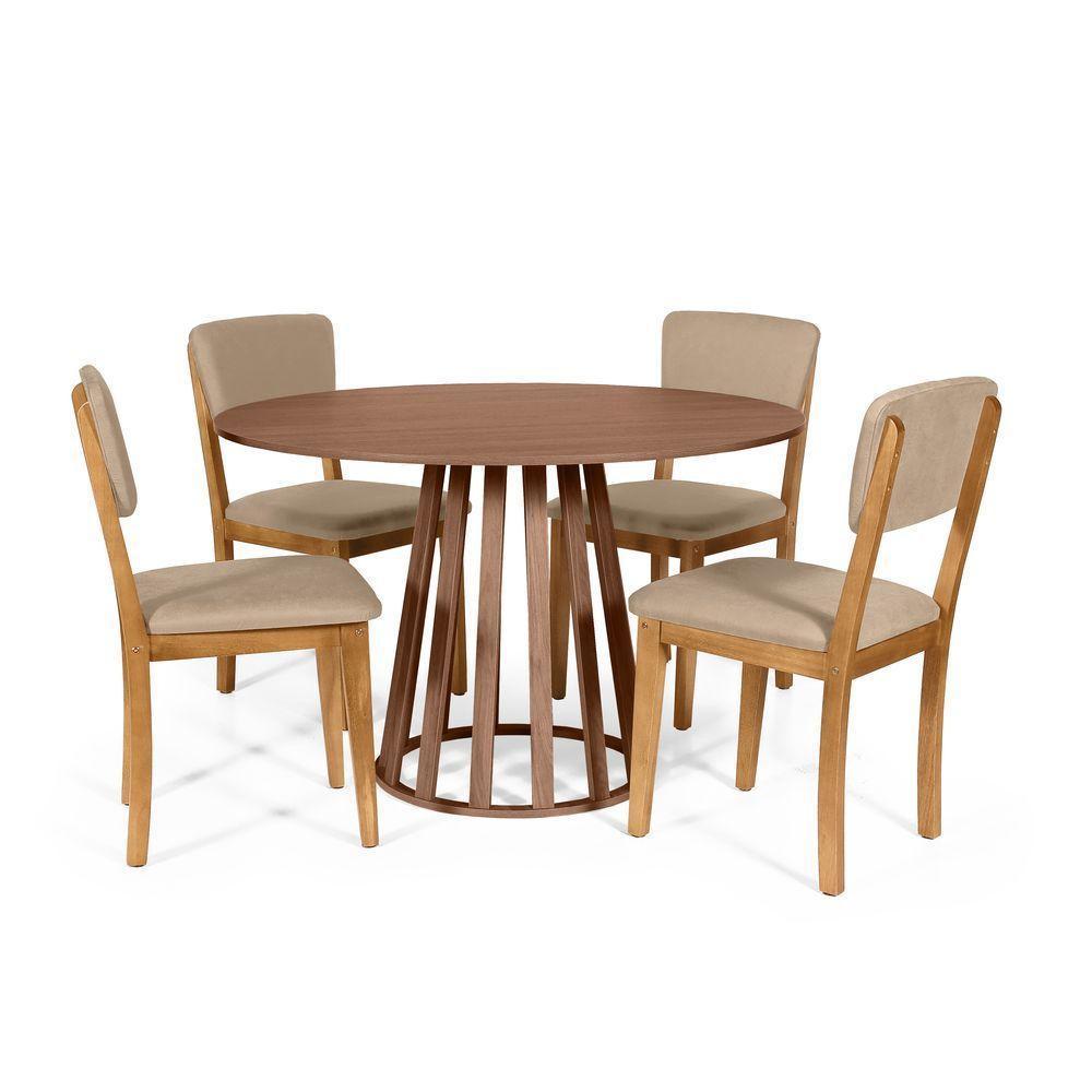 Mesa De Jantar Redonda Gabi Noronha Com 4 Cadeiras Estofadas Ella Bege - 1