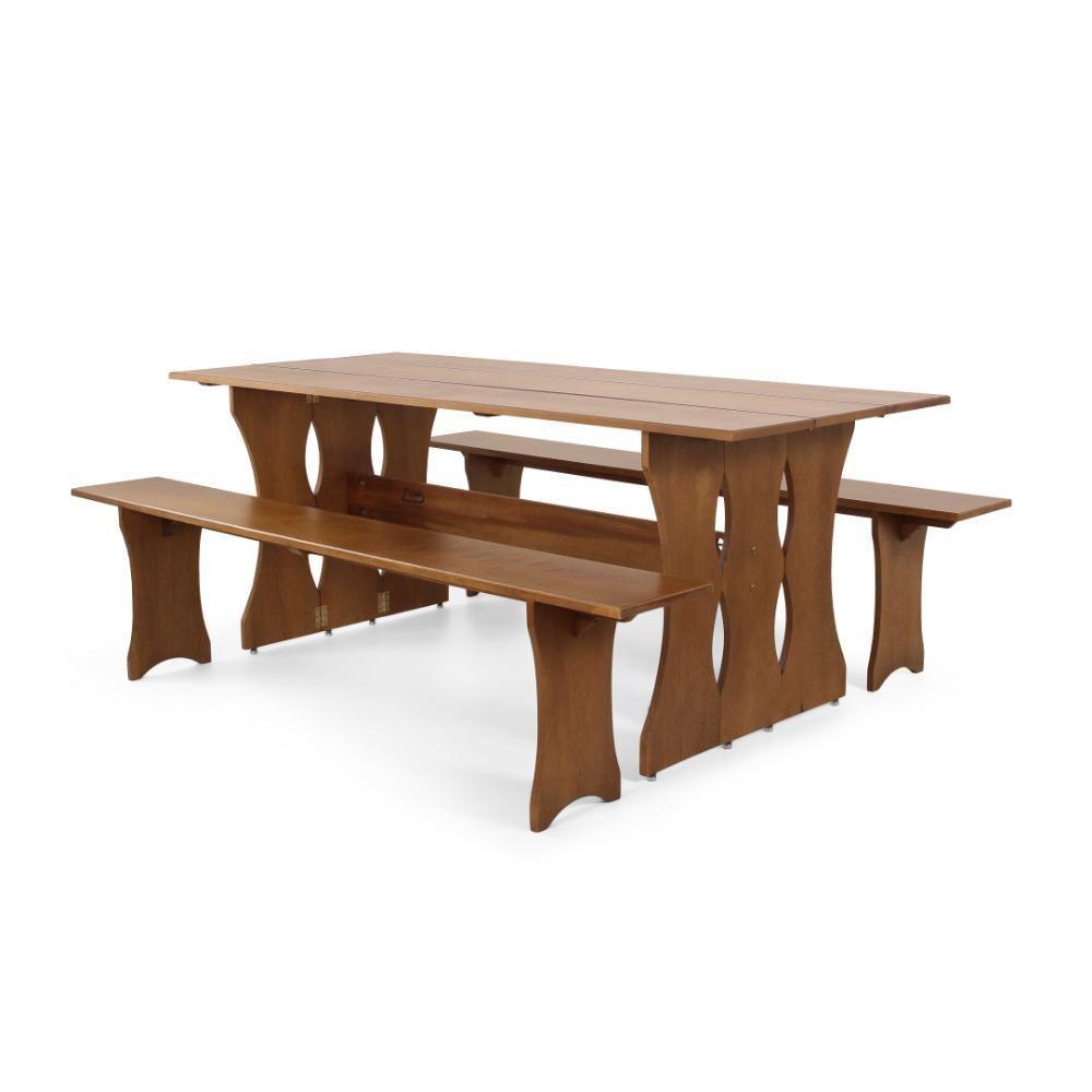 Mesa De Jantar Retangular Dobrável 200cm Em Madeira Maciça Com 2 Bancos - Imbuia - 1