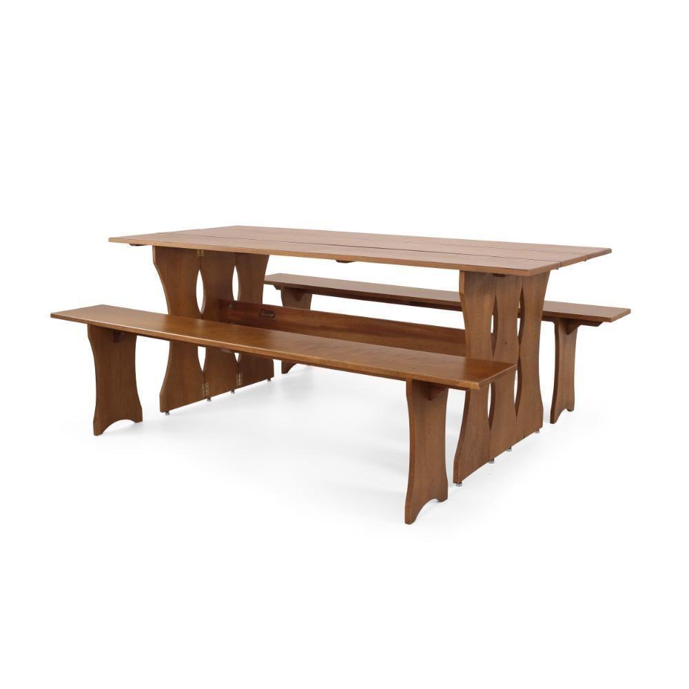 Mesa De Jantar Retangular Dobrável 200cm Em Madeira Maciça Com 2 Bancos - Imbuia - 5