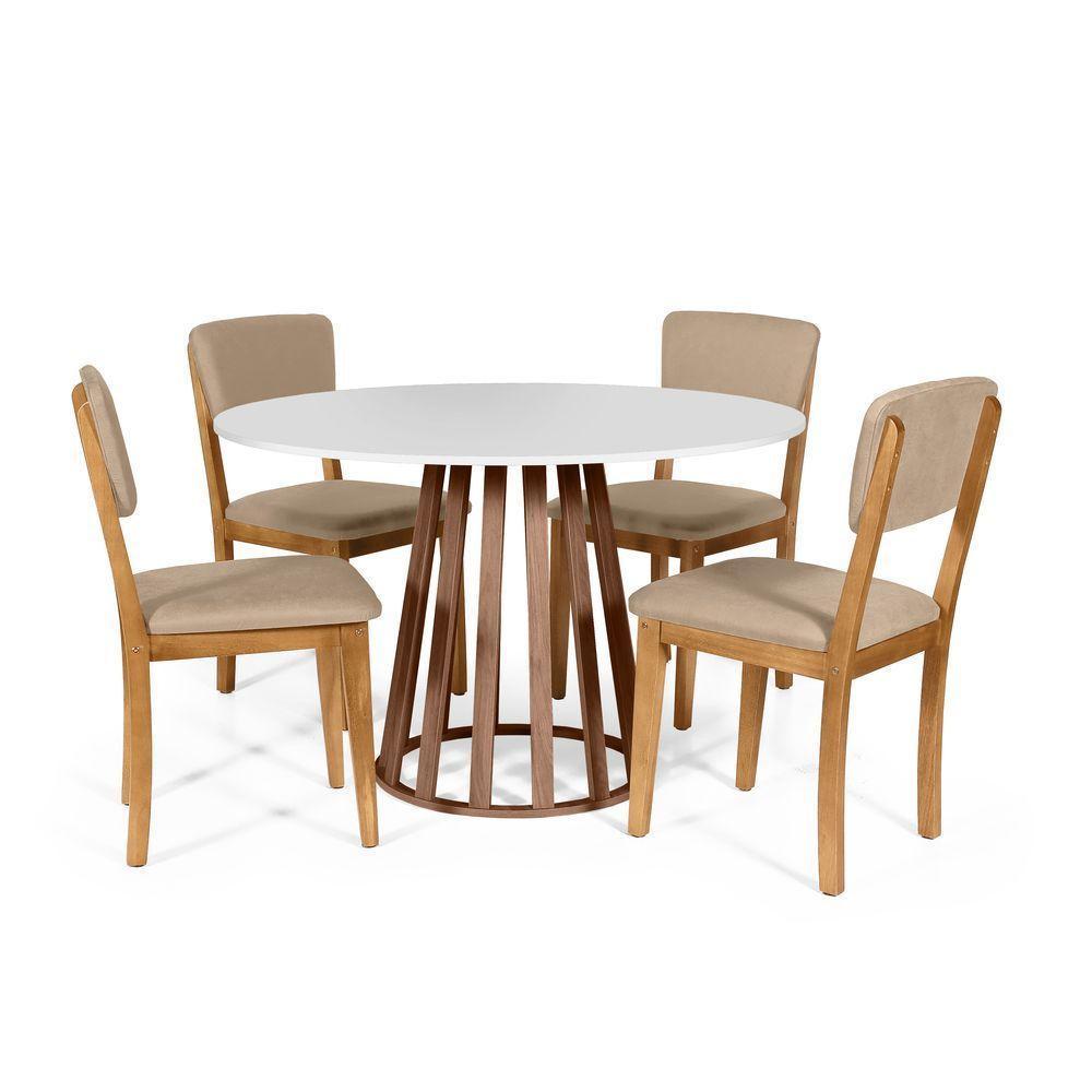 Mesa De Jantar Redonda Gabi Bran/nor Com 4 Cadeiras Estofadas Ella Bege - 1