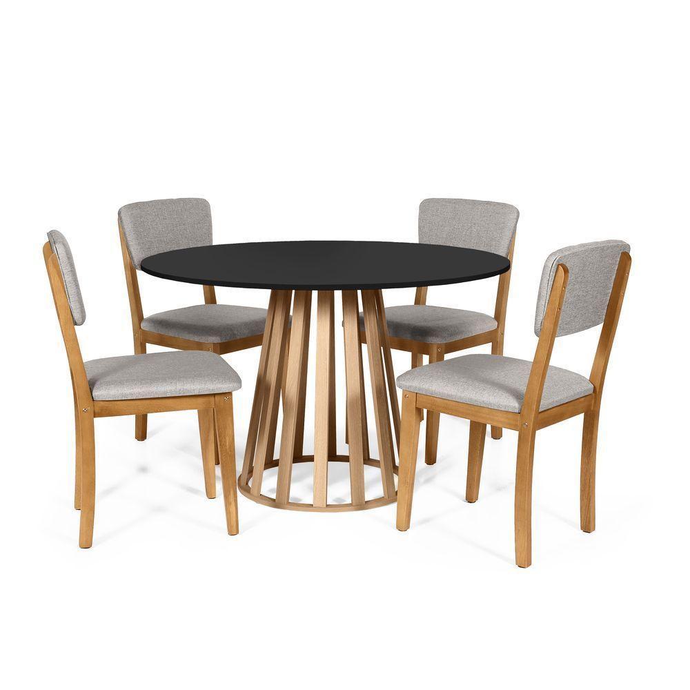 Mesa De Jantar Redonda Gabi Pret/jade Com 4 Cadeiras Estofadas Ella Cinza Claro - 1
