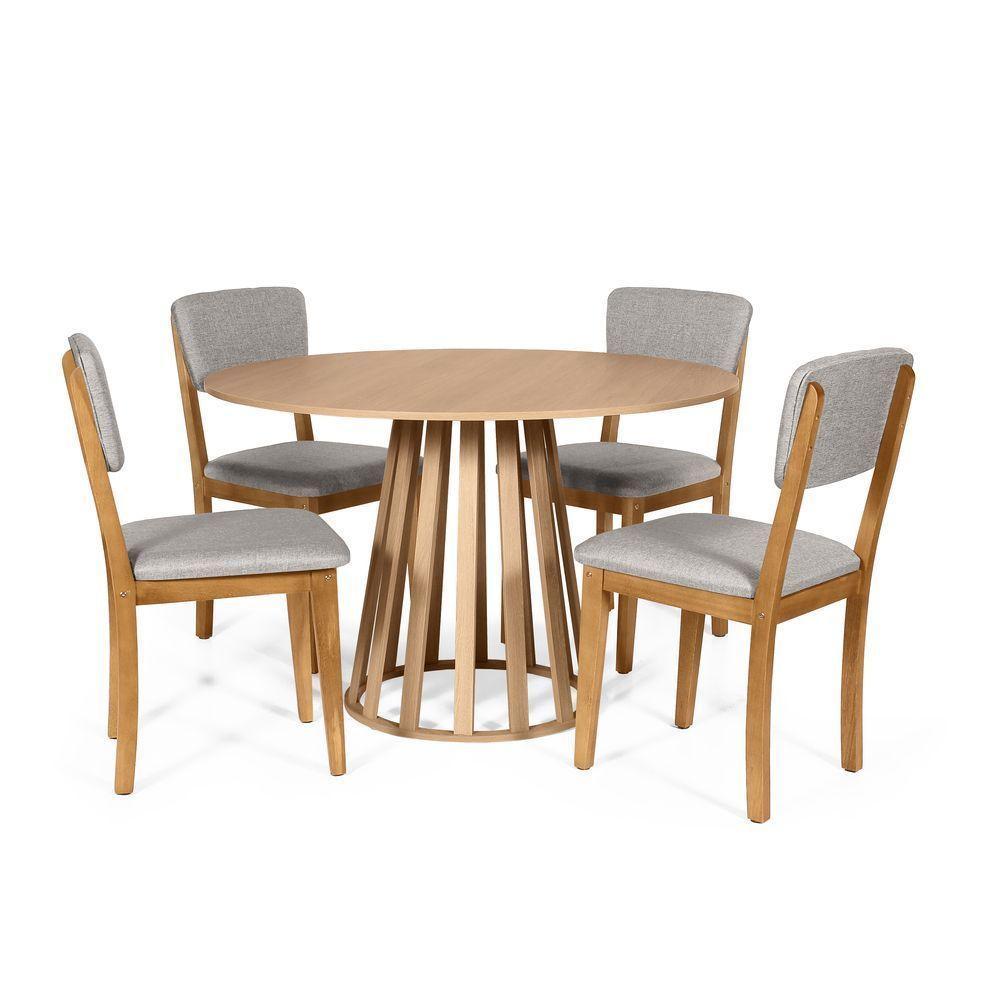 Mesa De Jantar Redonda Gabi Jade Com 4 Cadeiras Estofadas Ella Cinza Claro - 1