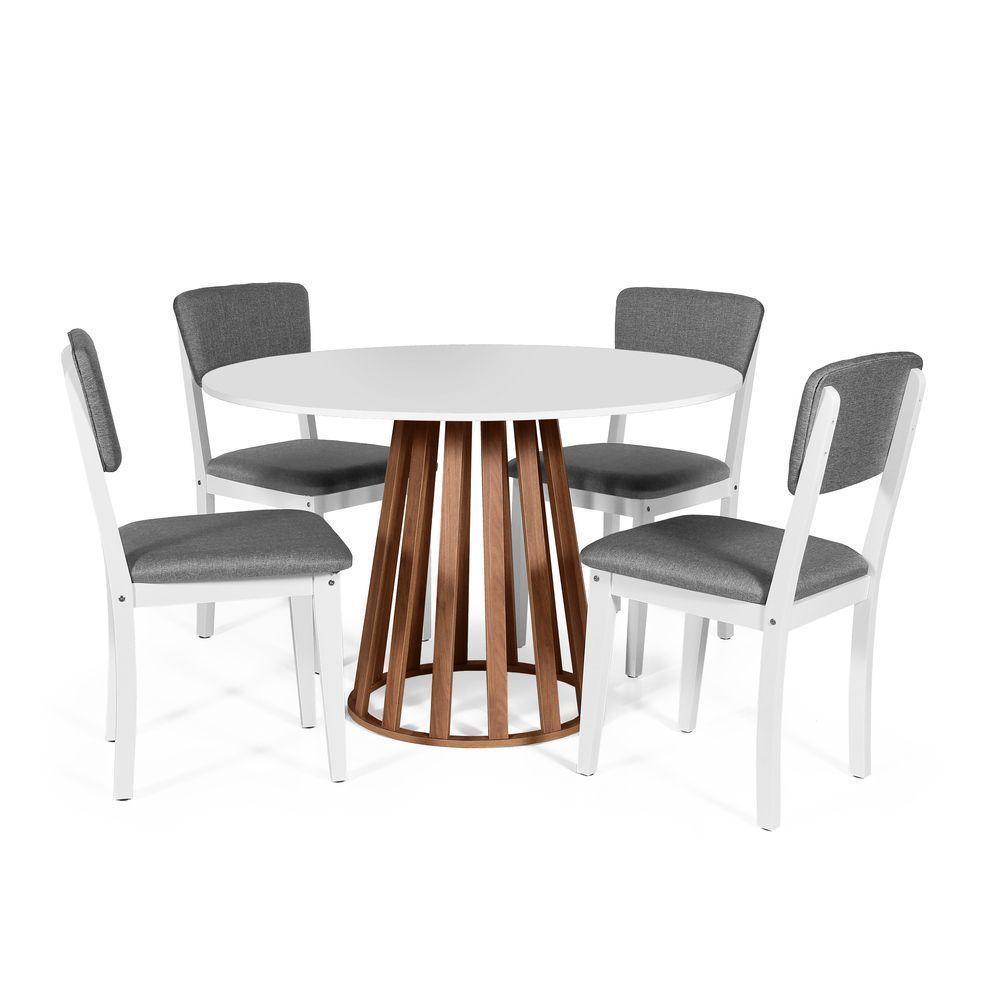 Mesa De Jantar Redonda Gabi Bran/nor Com 4 Cadeiras Estofadas Ella Branco/cinza Escuro - 1