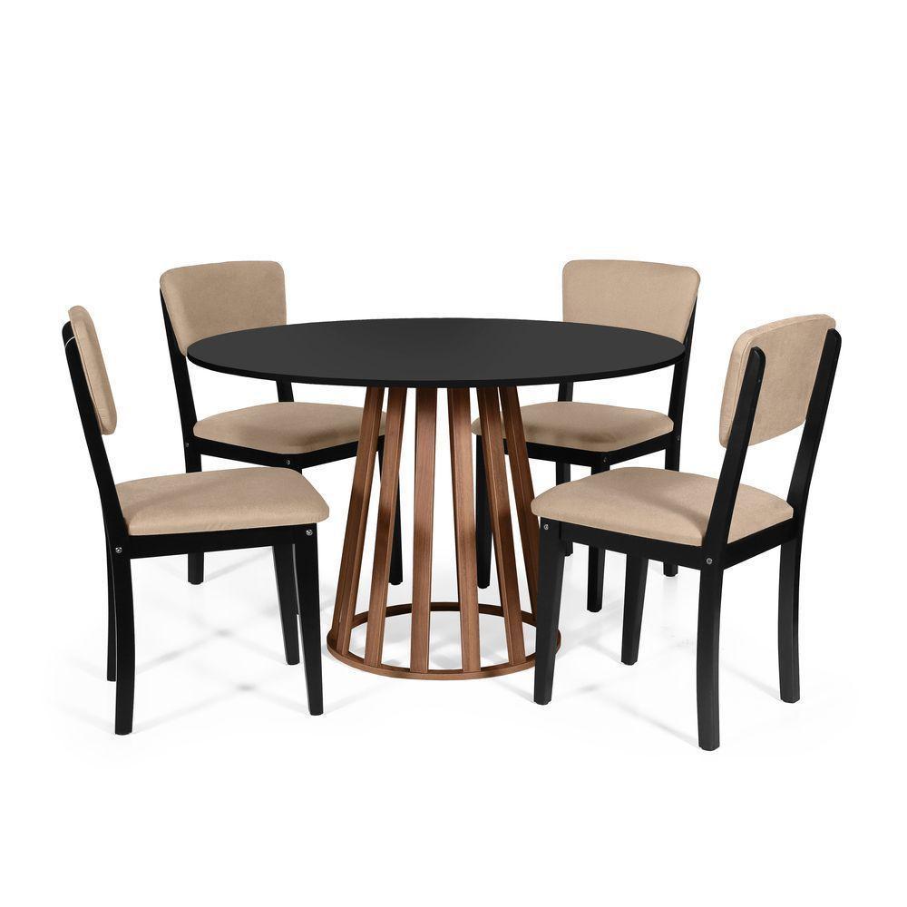 Mesa De Jantar Redonda Gabi Pret/nor Com 4 Cadeiras Estofadas Ella Preto/bege - 1