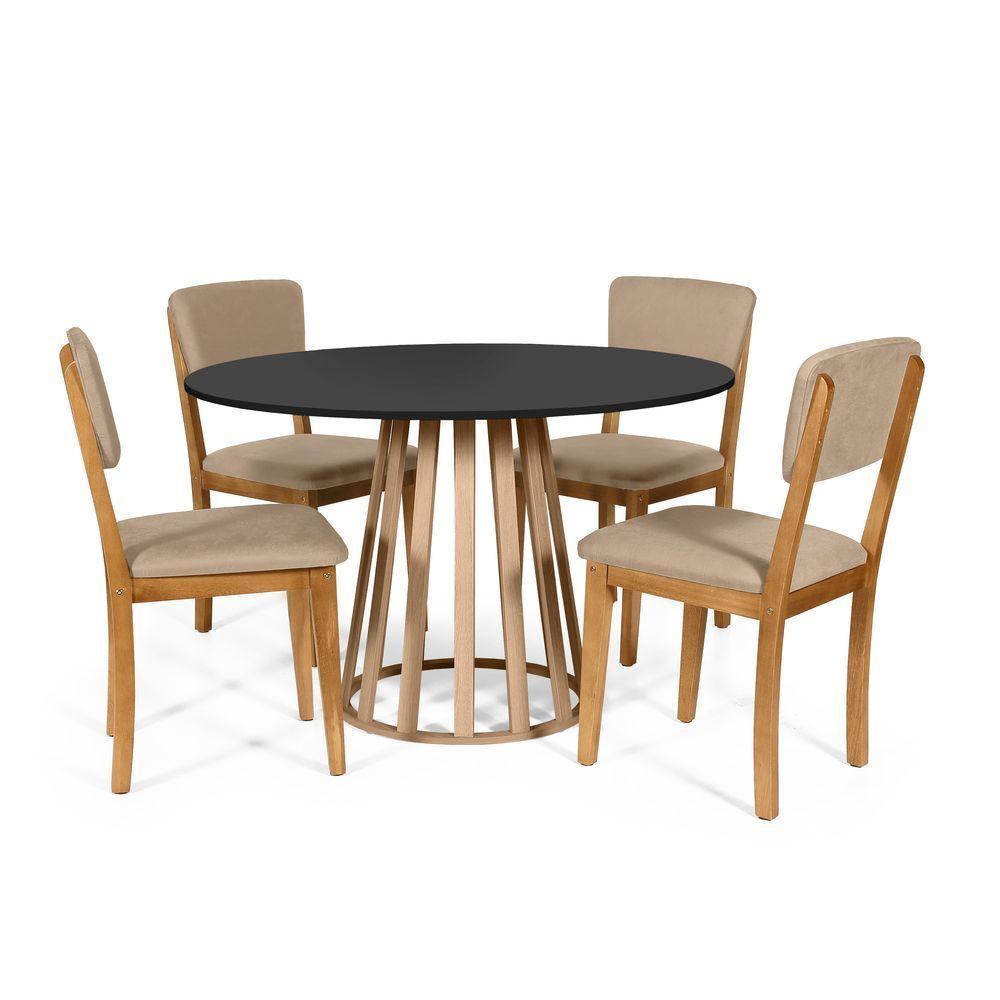 Mesa De Jantar Redonda Gabi Pret/jade Com 4 Cadeiras Estofadas Ella Bege - 1