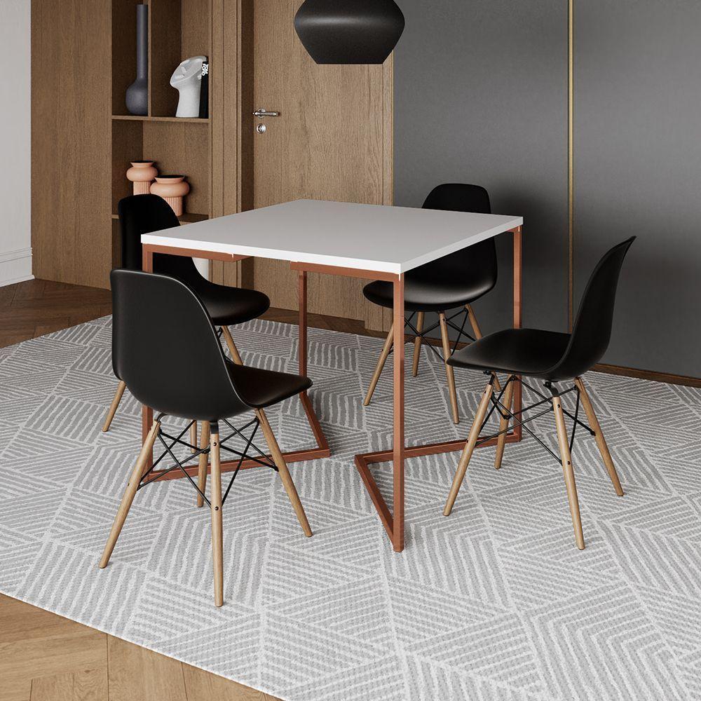 Mesa Industrial Jantar Quadrada Branca 90X90Cm Base Cobre V Com 4 Cadeiras Pretas Madei Branco - 1