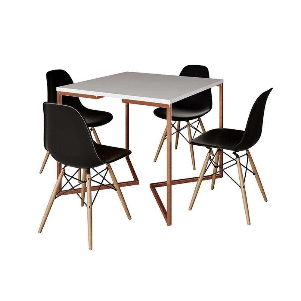Mesa Industrial Jantar Quadrada Branca 90X90Cm Base Cobre V Com 4 Cadeiras Pretas Madei Branco - 6