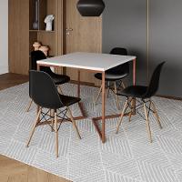 Mesa Industrial Jantar Quadrada Branca 90X90Cm Base Cobre V Com 4 Cadeiras Pretas Madei Branco - 1
