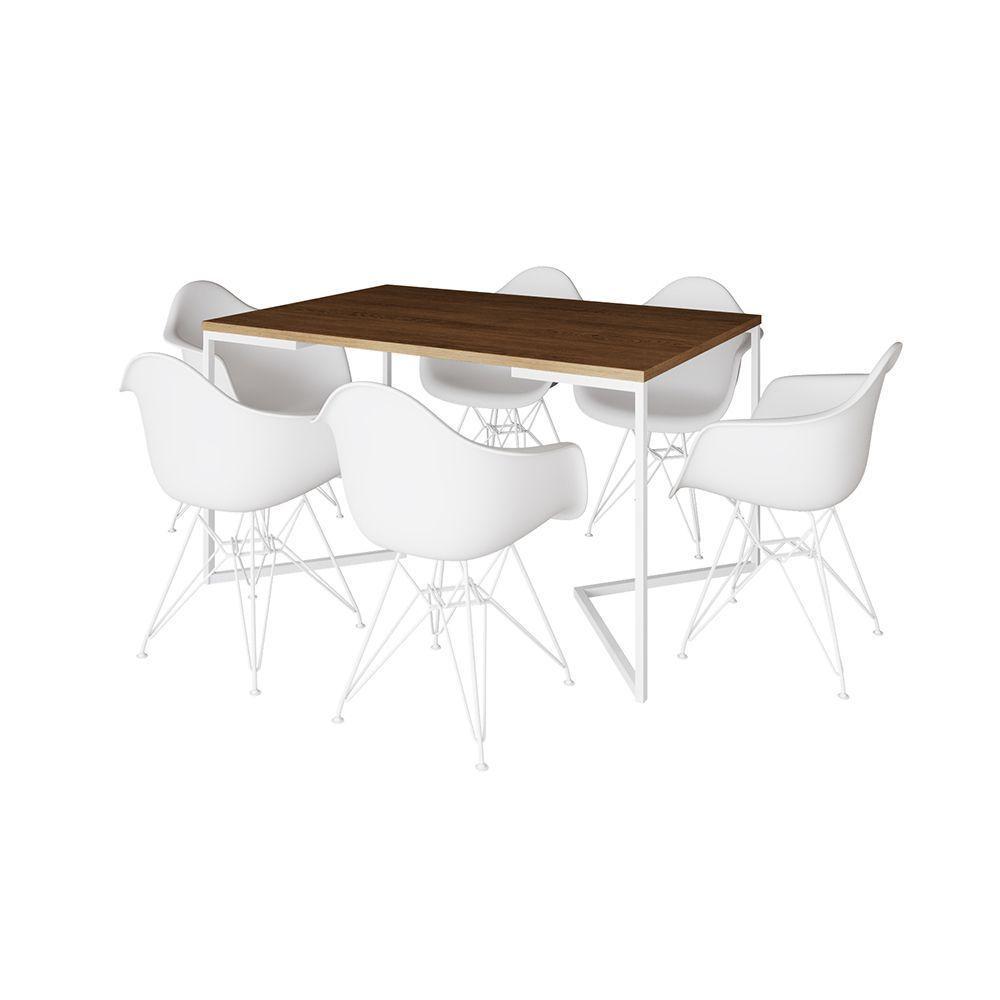 Mesa Industrial Jantar Amêndoa 137X90Cm Base V Com 6 Poltronas Brancas Ferro Branco Amendoa - 10
