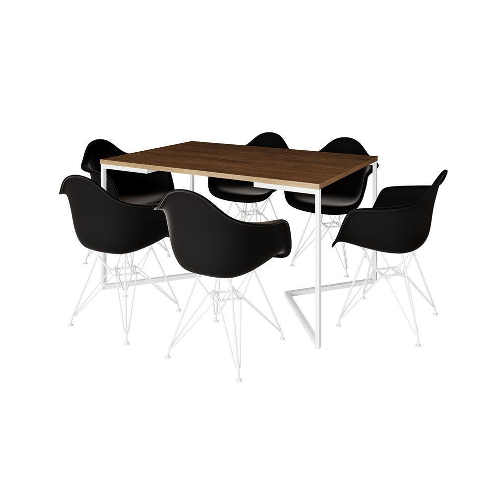 Mesa Industrial Jantar Amêndoa 137X90Cm Base V Com 6 Poltronas Pretas Ferro Branco Amendoa - 6