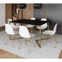 Mesa Jantar Industrial Retangular 137X90Cm Preta Base V Com 6 Cadeiras Brancas Base Dou Cor: Preto